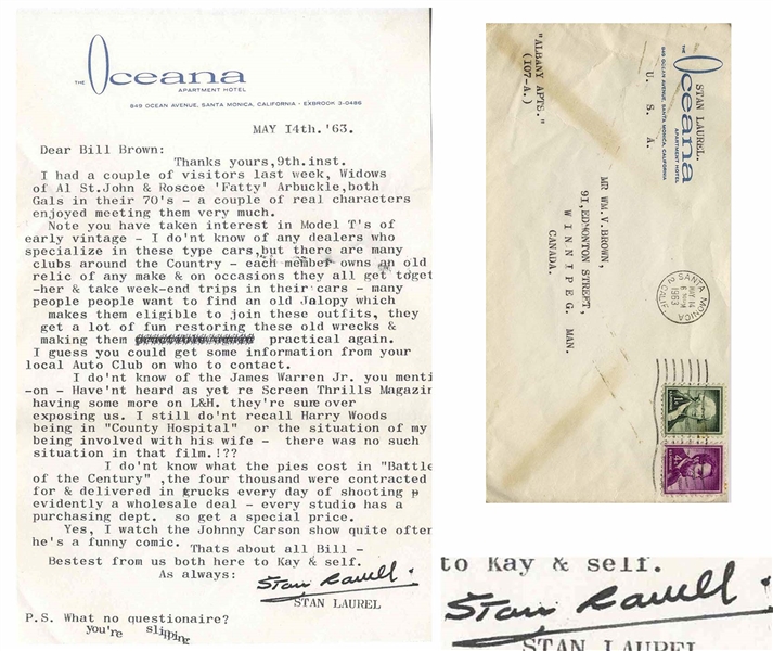 Stan Laurel Letter Signed With His Full Signature, ''Stan Laurel'' -- ''...I do'nt know what the pies cost in 'Battle of the Century', the four thousand were contracted for & delivered in trucks...''